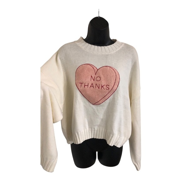 Jessica Simpson cream pink tufted embroidered heart No Thanks sweater size M - Picture 1 of 12